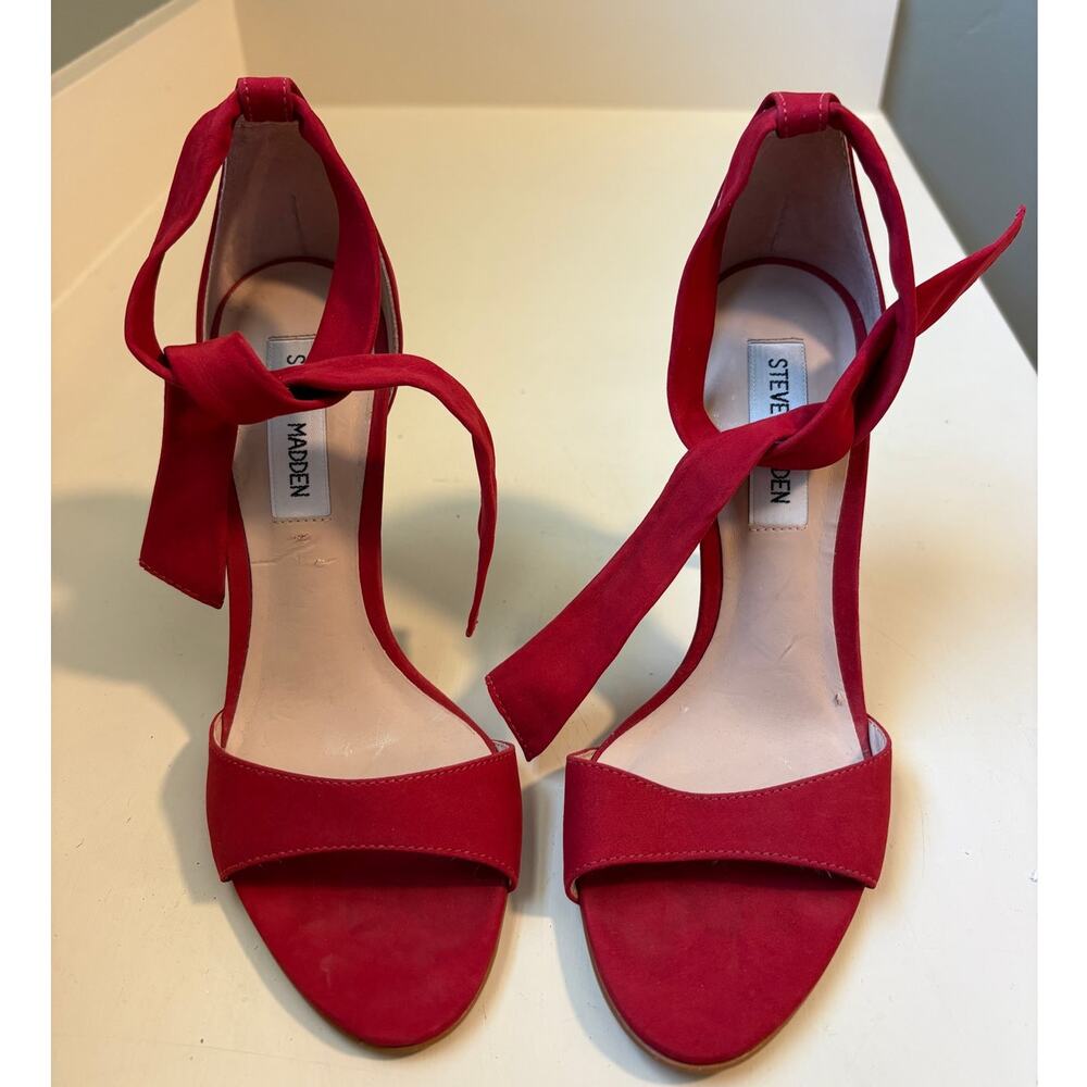 Steve Madden Bold Red Suede Peep Toe Ankle Tie Heels 6.5